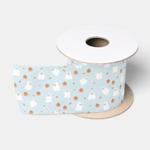 Cute Ghost & Pumpkin Blue Halloween Pattern Satin Ribbon