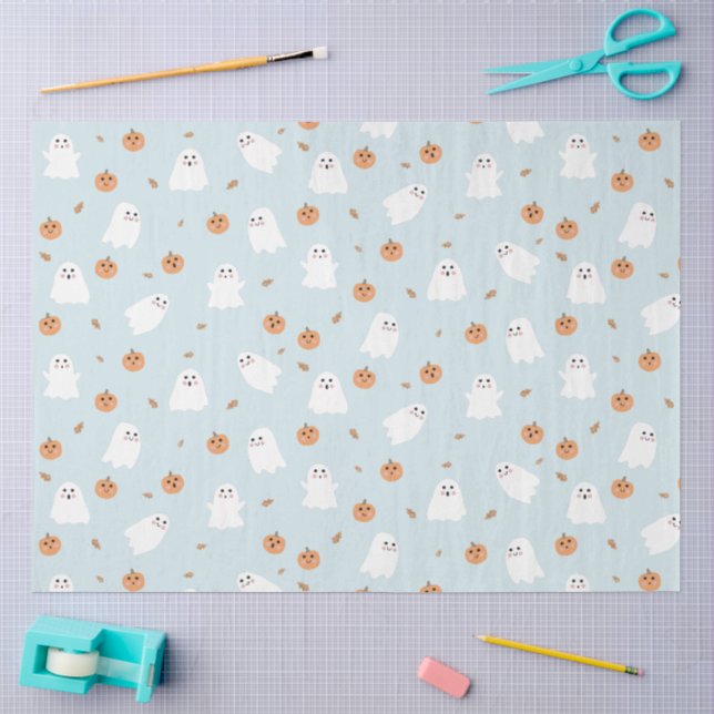 Cute Ghost & Pumpkin Blue Halloween Pattern Tissue Paper (Craft)