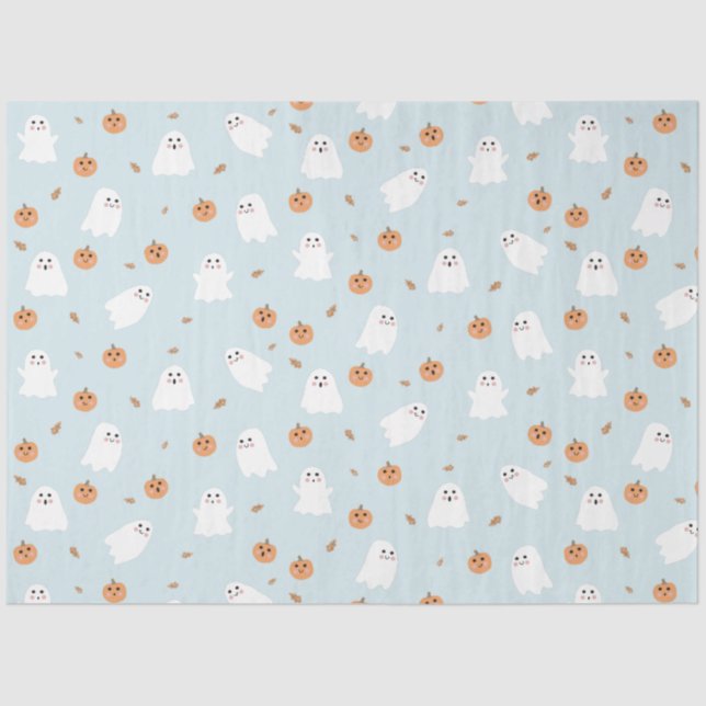 Cute Ghost & Pumpkin Blue Halloween Pattern Tissue Paper (Front)