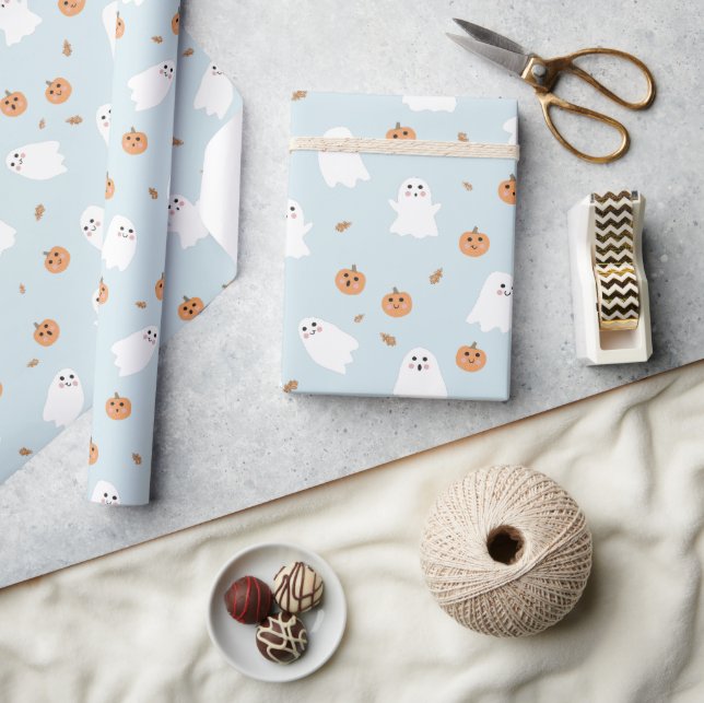 Cute Ghost & Pumpkin Blue Halloween Pattern Wrapping Paper (Crafts)