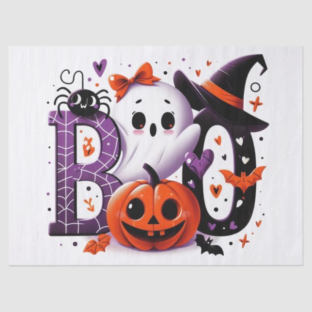 Cute Ghost & Pumpkin 'Boo' Halloween Decoupage Tissue Paper (Front)
