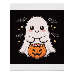 Cute Ghost Pumpkin Candy Bucket Poster