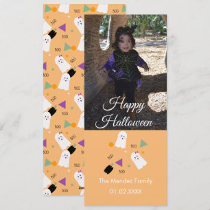 Cute Ghost Pumpkin Confetti Orange Photo Card