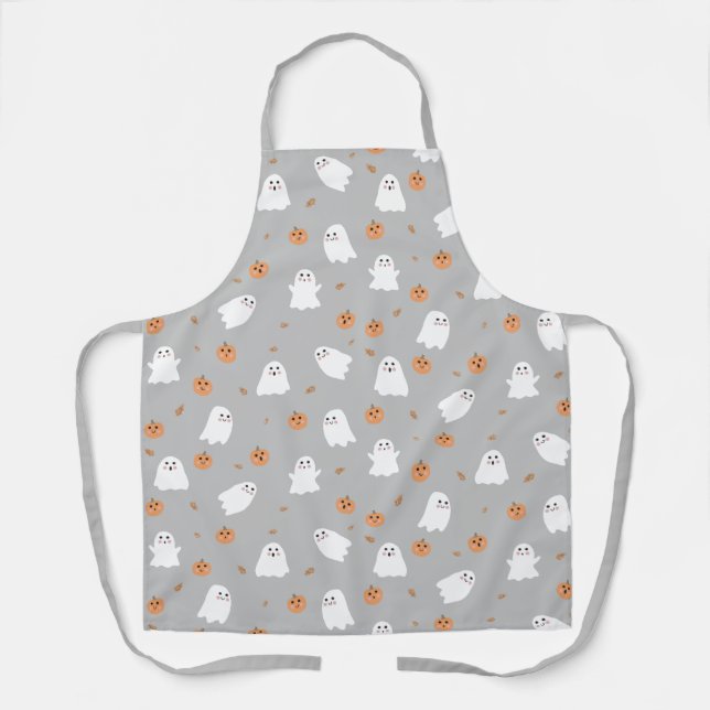 Cute Ghost & Pumpkin Grey Halloween Pattern Apron (Front)