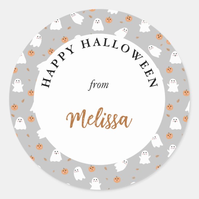 Cute Ghost & Pumpkin Grey Halloween Pattern Classic Round Sticker (Front)