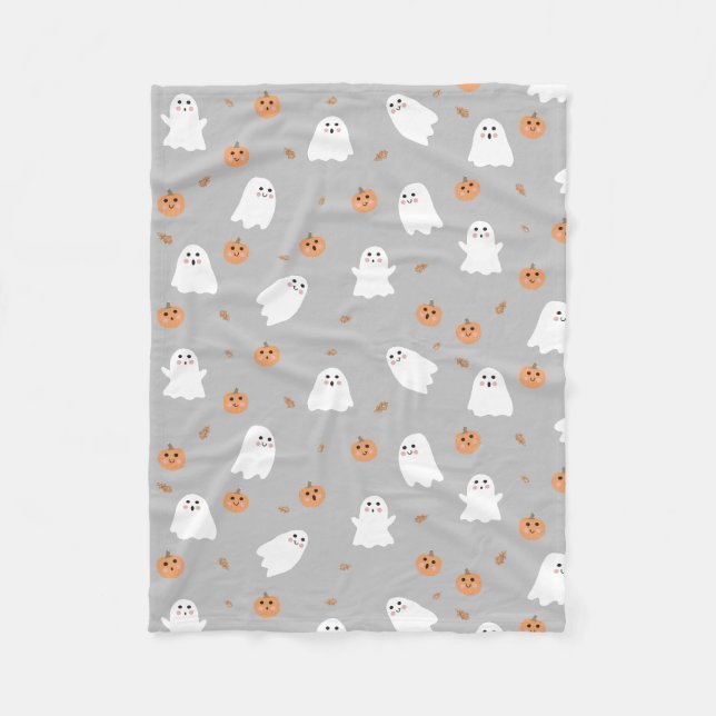 Cute Ghost & Pumpkin Grey Halloween Pattern Fleece Blanket (Front)