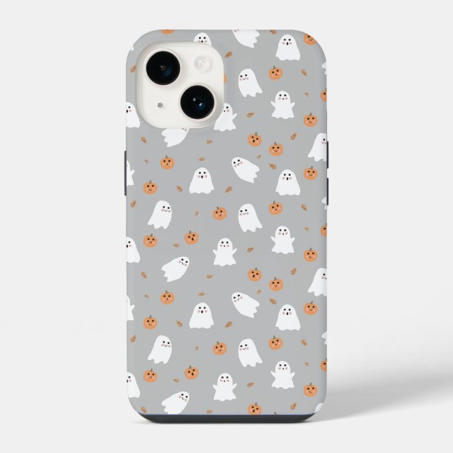 Cute Ghost & Pumpkin Grey Halloween Pattern iPhone Case (Back)