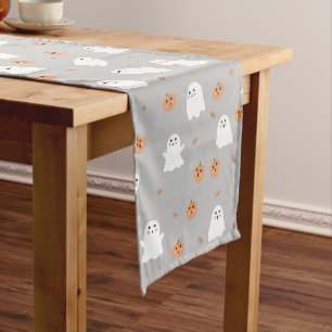 Cute Ghost & Pumpkin Grey Halloween Pattern Long Table Runner