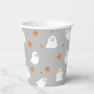 Cute Ghost & Pumpkin Grey Halloween Pattern Paper Cups