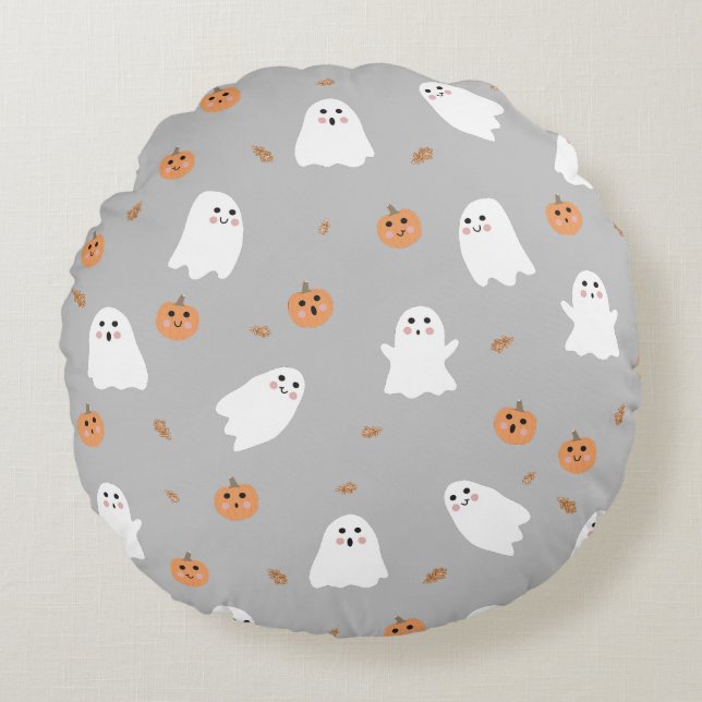 Cute Ghost & Pumpkin Grey Halloween Pattern Round Cushion (Front)