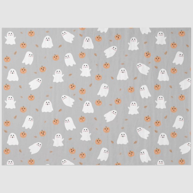 Cute Ghost & Pumpkin Grey Halloween Pattern Tissue Paper (Front)