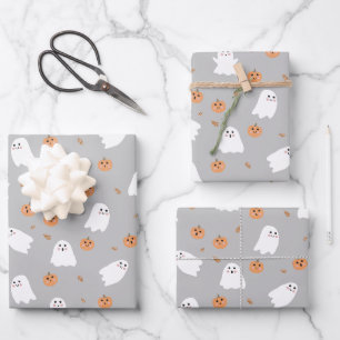 Cute Ghost & Pumpkin Grey Halloween Pattern Wrapping Paper Sheet