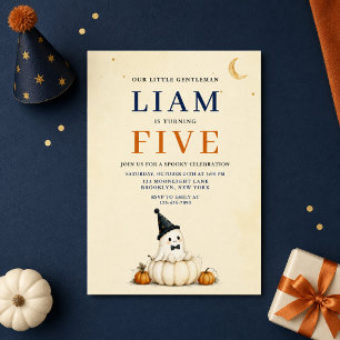 Cute Ghost Pumpkin Halloween 5th Birthday Invitation