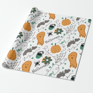 Cute Ghost Pumpkin Halloween Doodles Illustrations Wrapping Paper