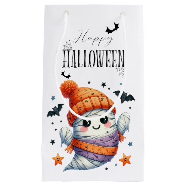 Cute Ghost Pumpkin Halloween Holiday Small Gift Bag (Front)