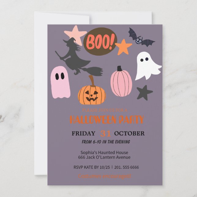 Cute Ghost & Pumpkin Halloween Invitation (Front)