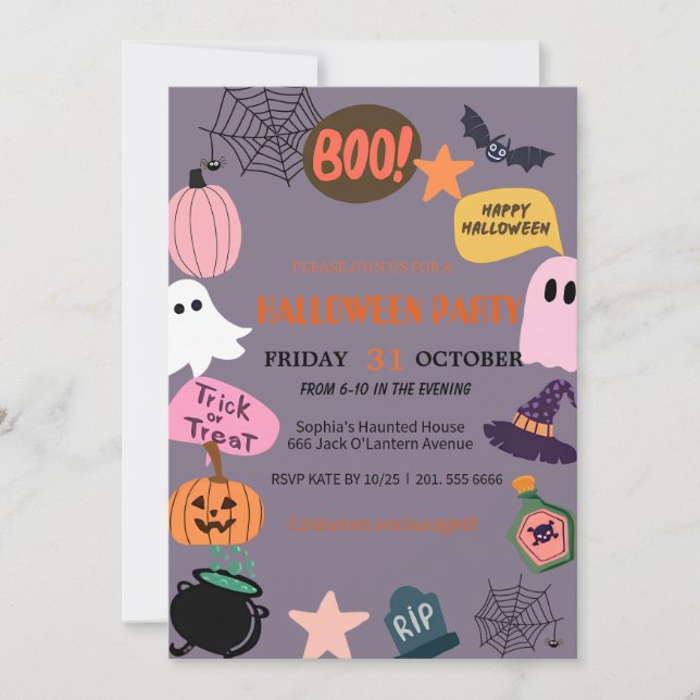 Cute Ghost & Pumpkin Halloween Invitation (Front)