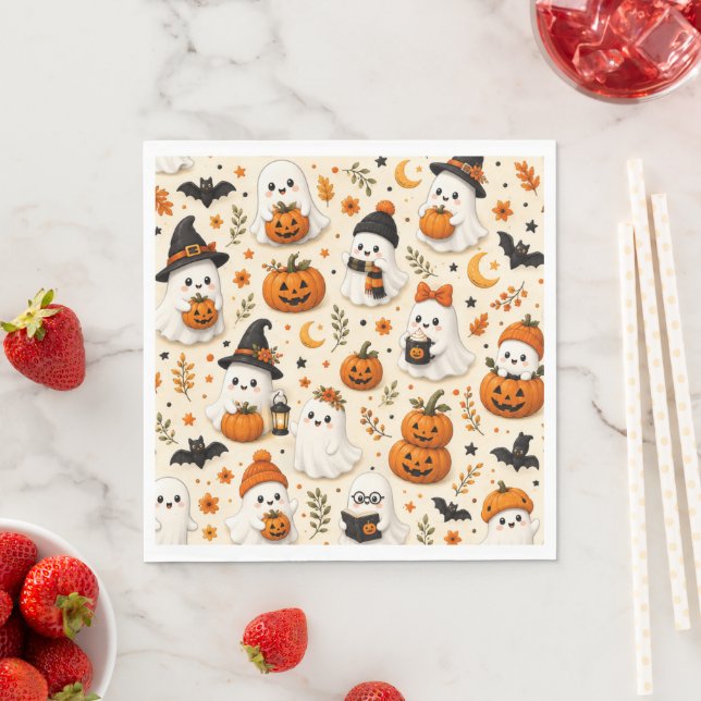 Cute Ghost & Pumpkin Halloween Pattern Paper Napkin (Insitu)