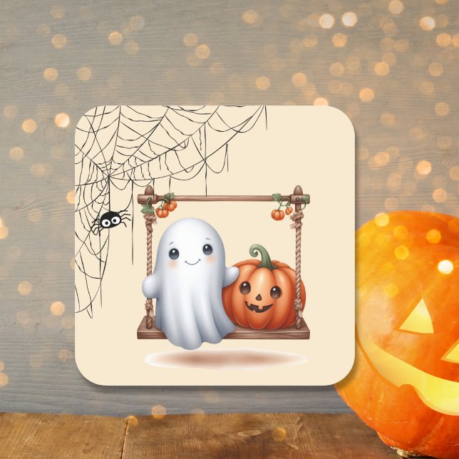 Cute Ghost Pumpkin Halloween  Square Sticker (Creator Uploaded)