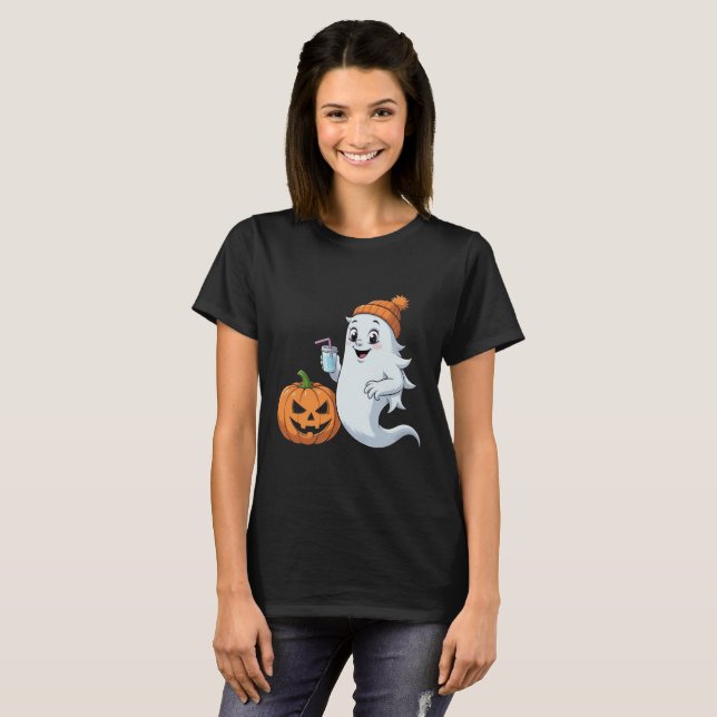 Cute Ghost & Pumpkin Halloween T-Shirt (Front Full)