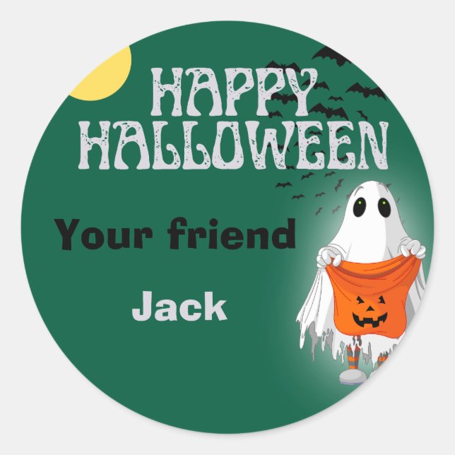 Cute Ghost Pumpkin Happy Halloween Personalised Classic Round Sticker (Front)