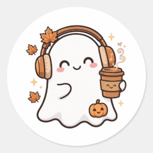 Cute Ghost Pumpkin Headphones Classic Round Sticker