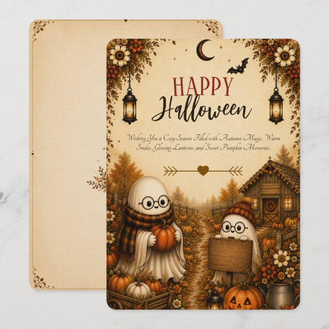 Cute Ghost Pumpkin Patch Halloween Greeting Card (Front/Back)