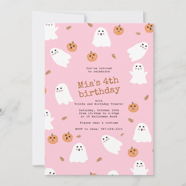 Cute Ghost & Pumpkin Pink Halloween Birthday Party Invitation (Front)