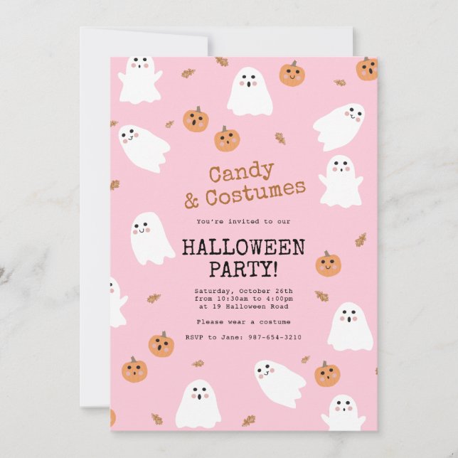 Cute Ghost & Pumpkin Pink Halloween Party Invitation (Front)
