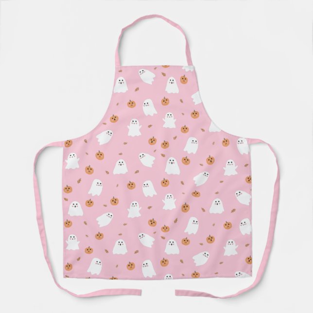 Cute Ghost & Pumpkin Pink Halloween Pattern Apron (Front)
