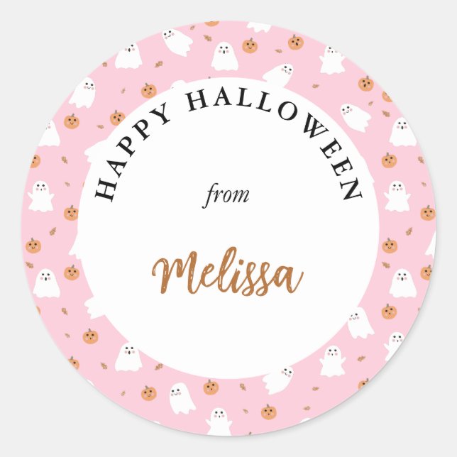 Cute Ghost & Pumpkin Pink Halloween Pattern Classic Round Sticker (Front)