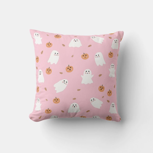 Cute Ghost & Pumpkin Pink Halloween Pattern Cushion (Front)