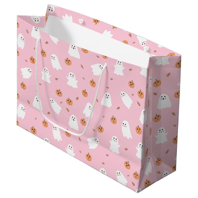 Cute Ghost & Pumpkin Pink Halloween Pattern Large Gift Bag (Front Angled)