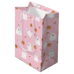 Cute Ghost & Pumpkin Pink Halloween Pattern Medium Gift Bag