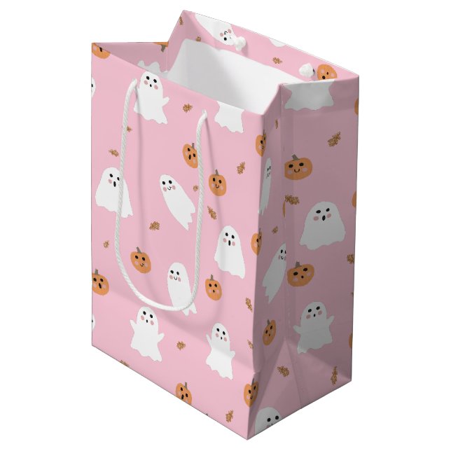 Cute Ghost & Pumpkin Pink Halloween Pattern Medium Gift Bag (Front Angled)