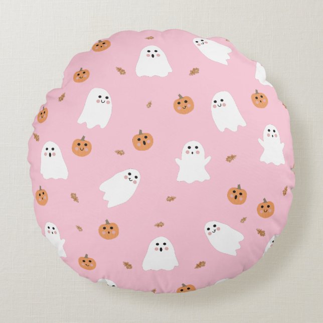 Cute Ghost & Pumpkin Pink Halloween Pattern Round Cushion (Front)