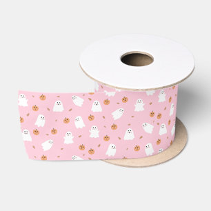 Cute Ghost & Pumpkin Pink Halloween Pattern Satin Ribbon