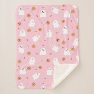 Cute Ghost & Pumpkin Pink Halloween Pattern Sherpa Blanket