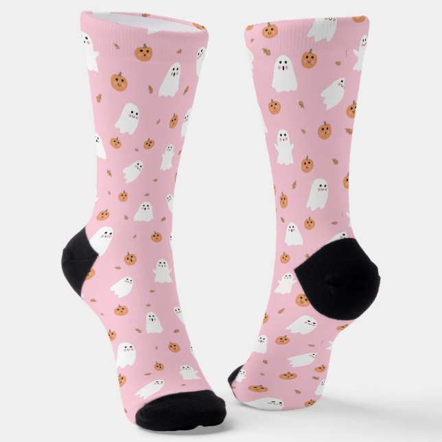 Cute Ghost & Pumpkin Pink Halloween Pattern Socks (Angled)