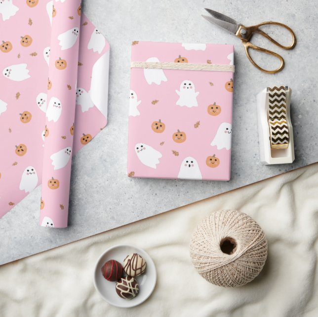 Cute Ghost & Pumpkin Pink Halloween Pattern Wrapping Paper (Crafts)