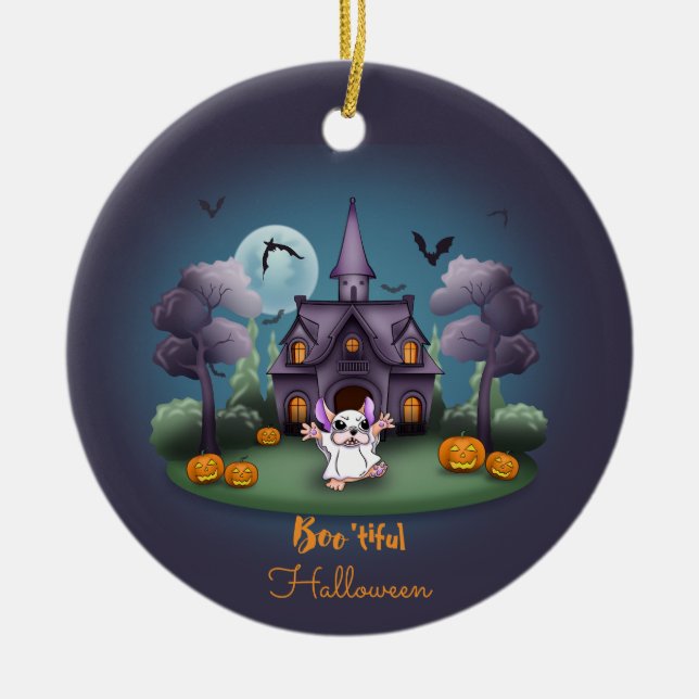 Cute ghost pumpkins Haunted House Halloween Ceramic Tree Decoration (Front)