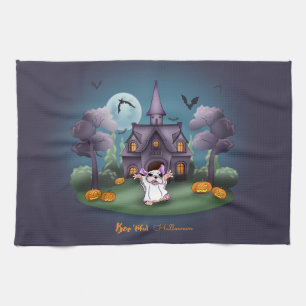 Cute ghost pumpkins Haunted House Halloween Tea Towel