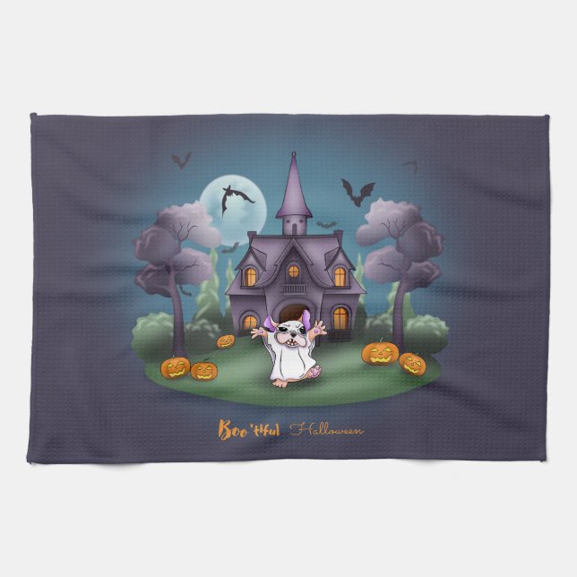 Cute ghost pumpkins Haunted House Halloween Tea Towel (Horizontal)