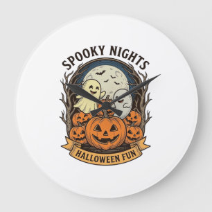 Cute Ghost Pumpkins Vintage Engraving Halloween Ar Large Clock