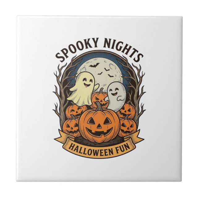 Cute Ghost Pumpkins Vintage Engraving Halloween Ar Tile (Front)