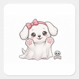 Cute Ghost Puppy Pink Bow Halloween Dog Sticker 