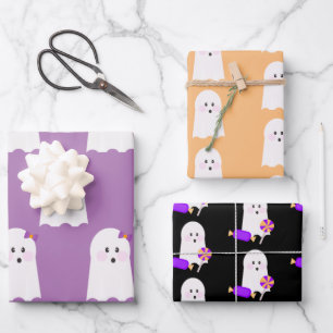 Cute Ghost Purple Orange Halloween Ghoul Wrapping Paper Sheet