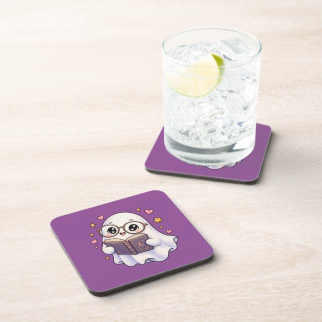 Cute Ghost Reading a Book Coaster Set (Right Side)
