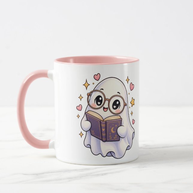 Cute Ghost Reading a Book Coffee Mug (Left)