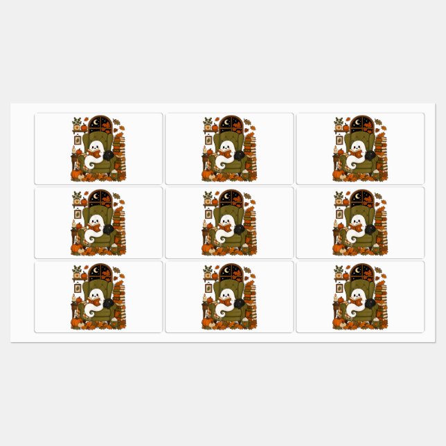 Cute Ghost Reading Book Black Cat Fall Pumpkin (Sheet)